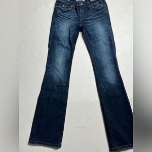 MEK | Dark Slight Factory Distressed Yokohama Slim Bootcut Jeans. 34 in Inseam